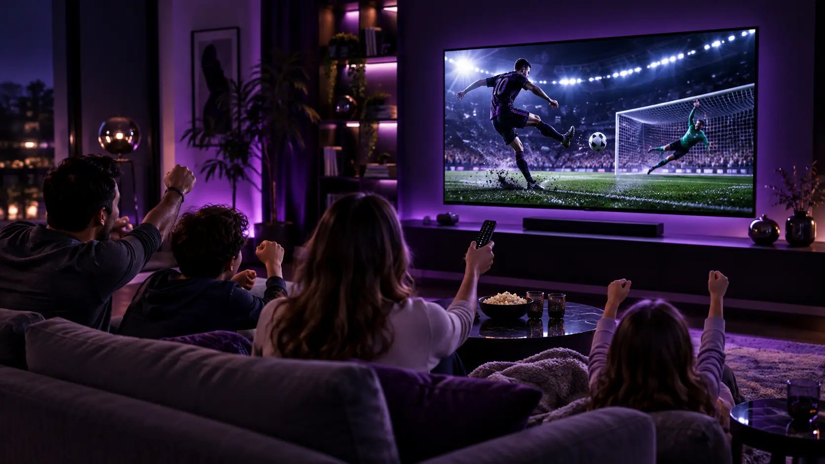 Family watching a generic live football event on a large television in a violet-lit living room illustrating Terms and Conditions