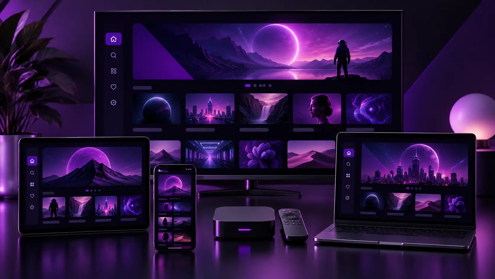 Television, tablet, smartphone, streaming box and laptop displaying a coordinated purple media interface illustrating 4K OTT Pro Max Support Centre