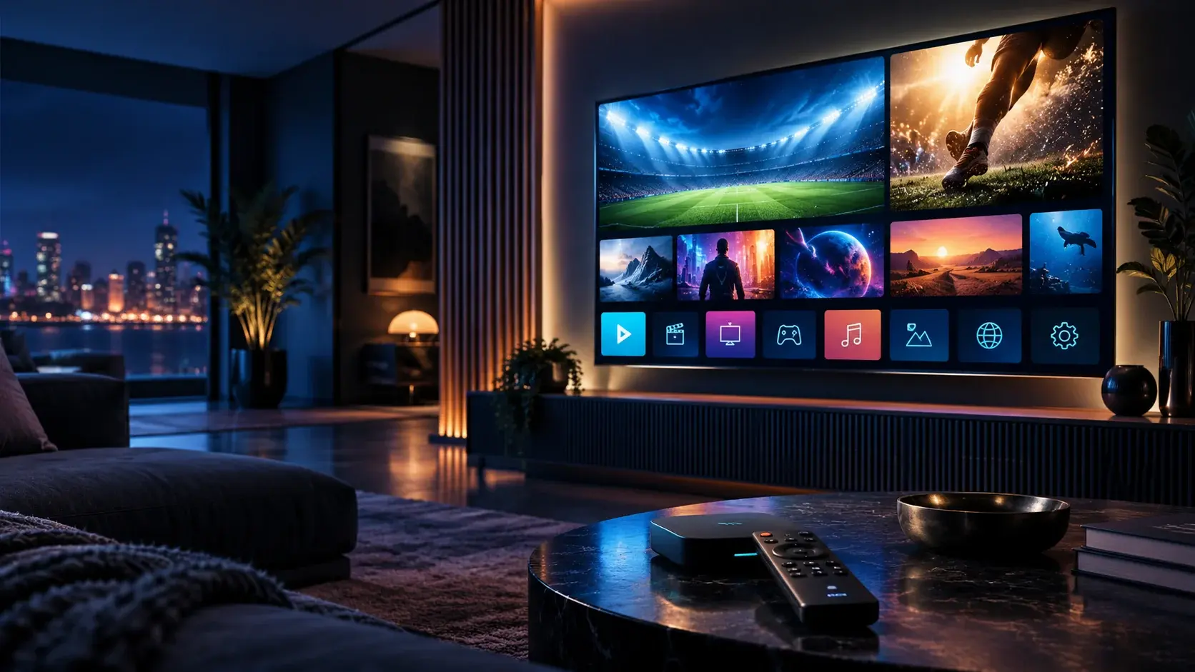 Modern home streaming setup with a large television and comfortable seating